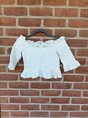 Smocked Off-Shoulder Ruffle Sweater Top - White-off white